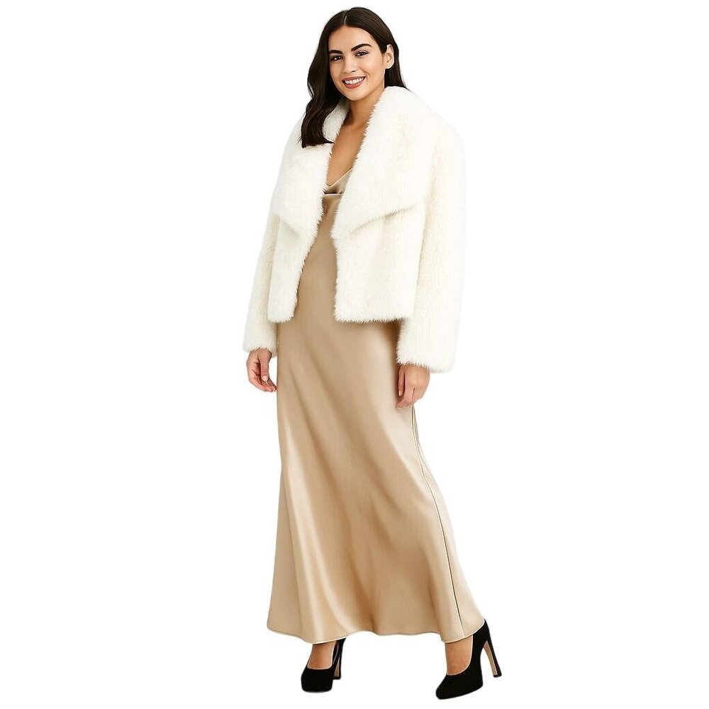 White Faux Mink Fur Jacket Small Oversized Collar Winter